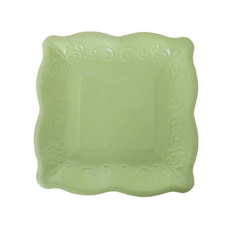 8PCs Square Luncheon Dinner Serving Green Paper Plates Disposable Embossed Floral Party Plate