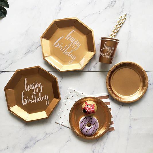 Happy Birthday Golden Paper Plates and Cups and Napkins Sets Disposable Party Supplies Decoration