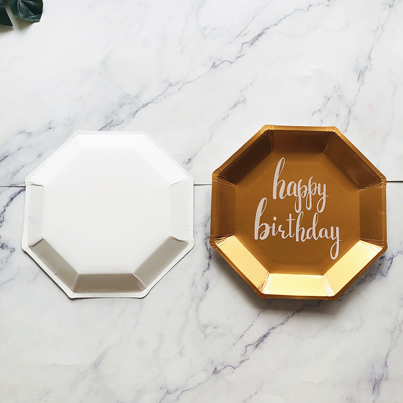 Happy Birthday Golden Paper Plates and Cups and Napkins Sets Disposable Party Supplies Decoration