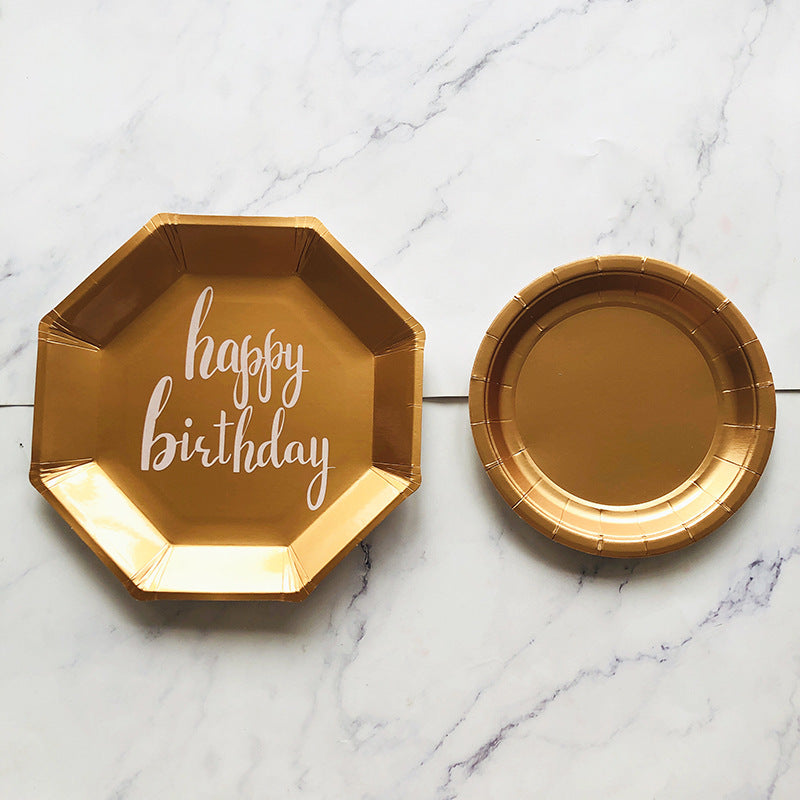 Happy Birthday Golden Paper Plates and Cups and Napkins Sets Disposable Party Supplies Decoration