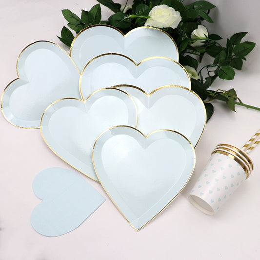 Light Blue Love Heart Party Plates and Cups and Napkins Sets Tableware Set for Valentine's Day
