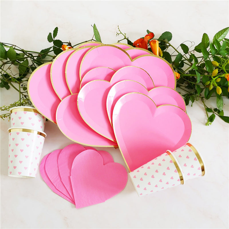 Rose Heart Shape Party Disposable Tableware Wedding Engagement Decorations Plates Cups Valentine's Day Bridal Shower Decor