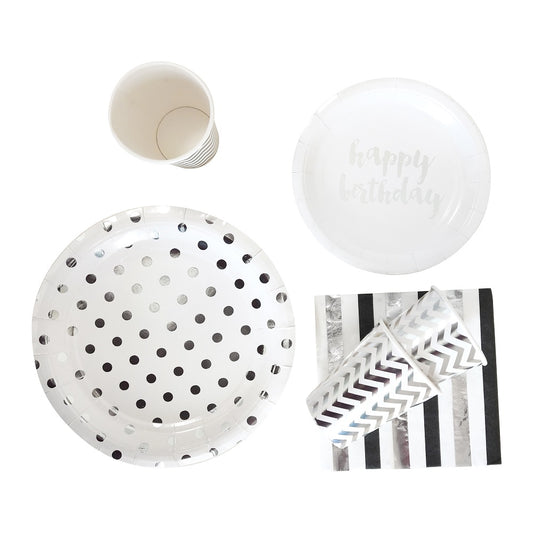 Silver Theme Birthday Party Plates And Cups And Napkins Sets Disposable Tableware Set for 8