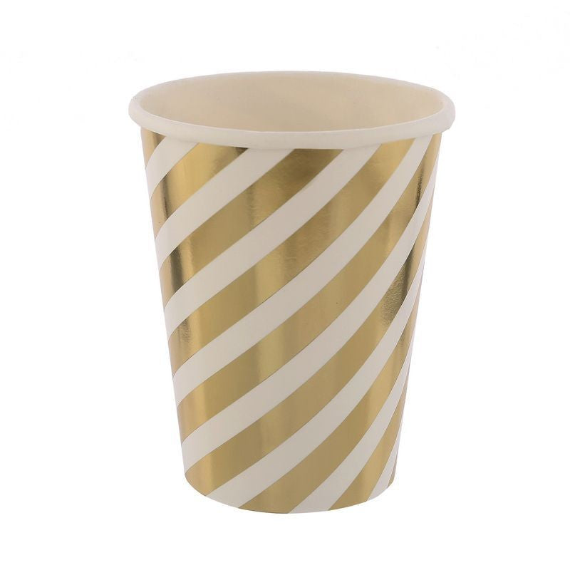 Golden Striped Paper Plates Cups Napkins Disposable Tableware Set for 8