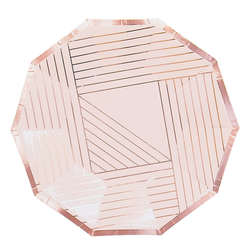 Pink Decagon Golden Rim 7Inch Disposable Paper Plates Dinner Picnic Wedding Birthday Party Supplies 8PCs