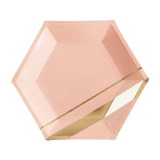 Hexagon Golden Striped Pink Paper Plates 10 inch Party Decorations Supplies Set of 8