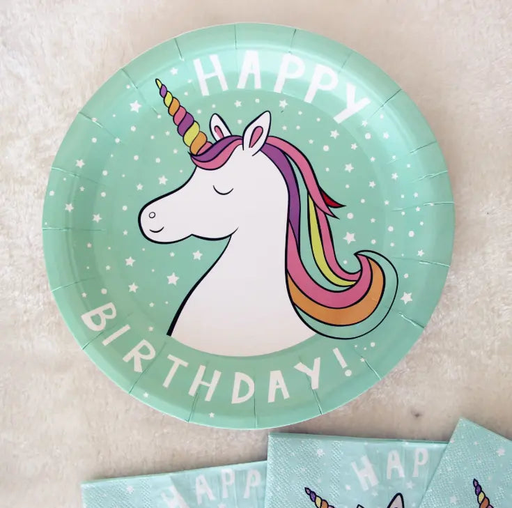 40PCs Unicorn Green Disposable Paper Tableware Set Birthday Party Decorations Supplies Paper Plates Cups Napkins