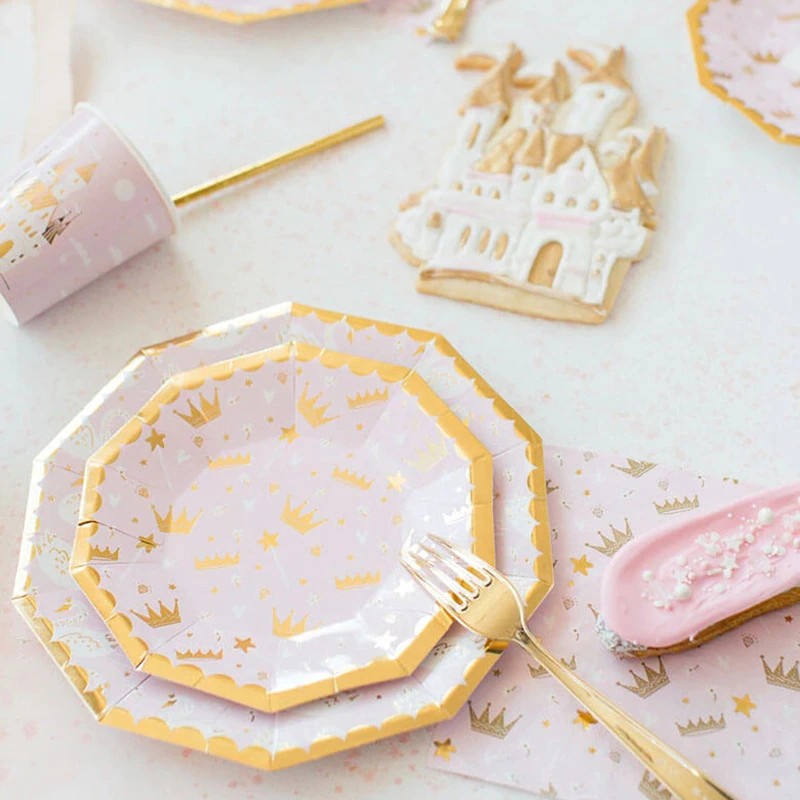 8PCs Gilding Crown Pink Paper Plates 7 inch Party Supplies for Girls