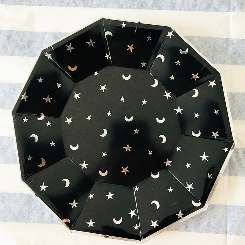 Laser Moon Star Black Paper Tableware Set for 8 Party Supplies Paper Plates and Cups