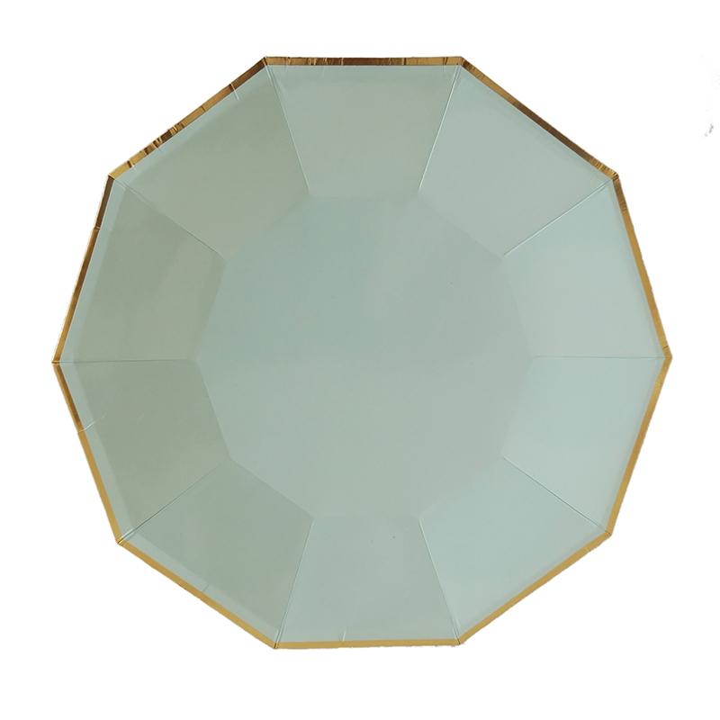 Green Solid Color Decagon Gold-rimmed Paper Tableware Party Plates and Cups and Napkins Sets
