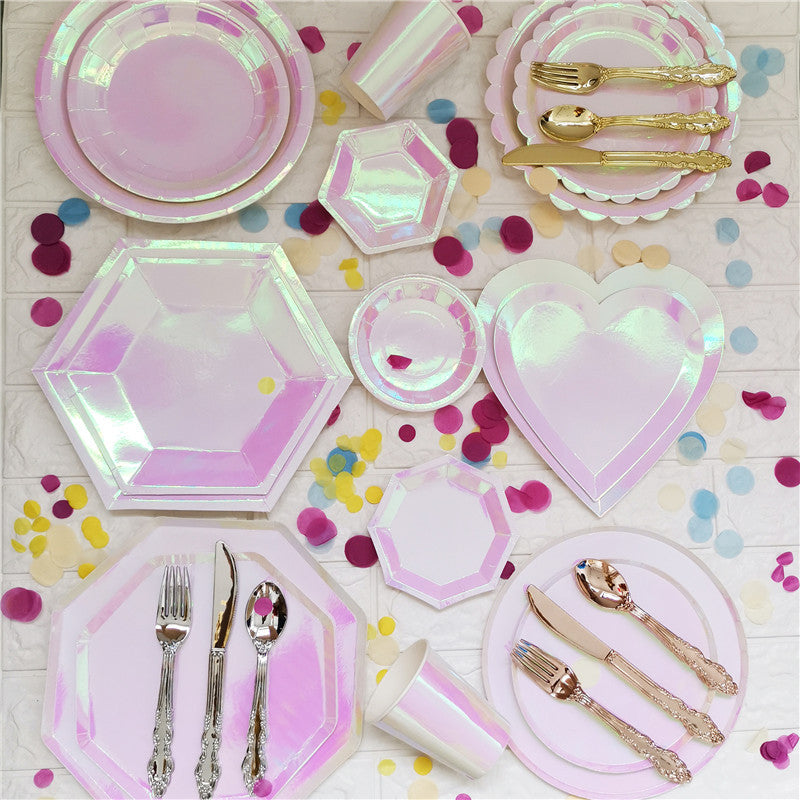 8PCs Pink Pearl Color Hexagon Paper Plates Disposable Dessert Dinner Large Mini Plate