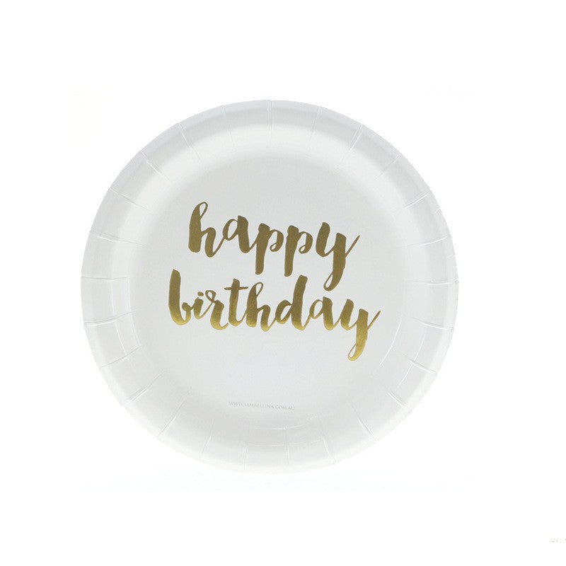 Golden Happy Birthday Paper Plates 7 inch Party Supplies Dessert Plate Set of 8