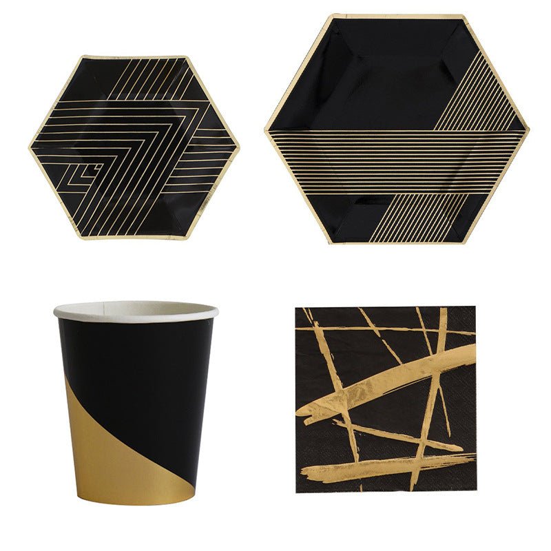 Golden Striped Black Paper Plates 8 inch Party Decoration Supplies Set of 8