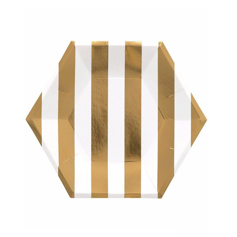 Golden Striped Hexagon Party Plates and Cups and Napkins Sets Disposable Tableware Set for 8
