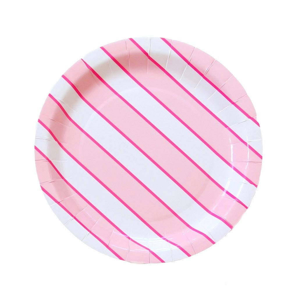 8PCs Pink Striped Round Paper Plates 9 inch