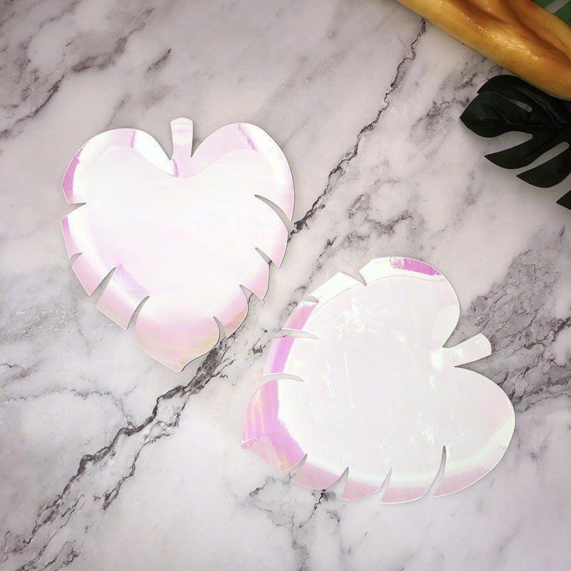 8PCs Pink Pearl Color Leaf Shape Paper Plates 8.6 inch Party Dessert Dinner Plate