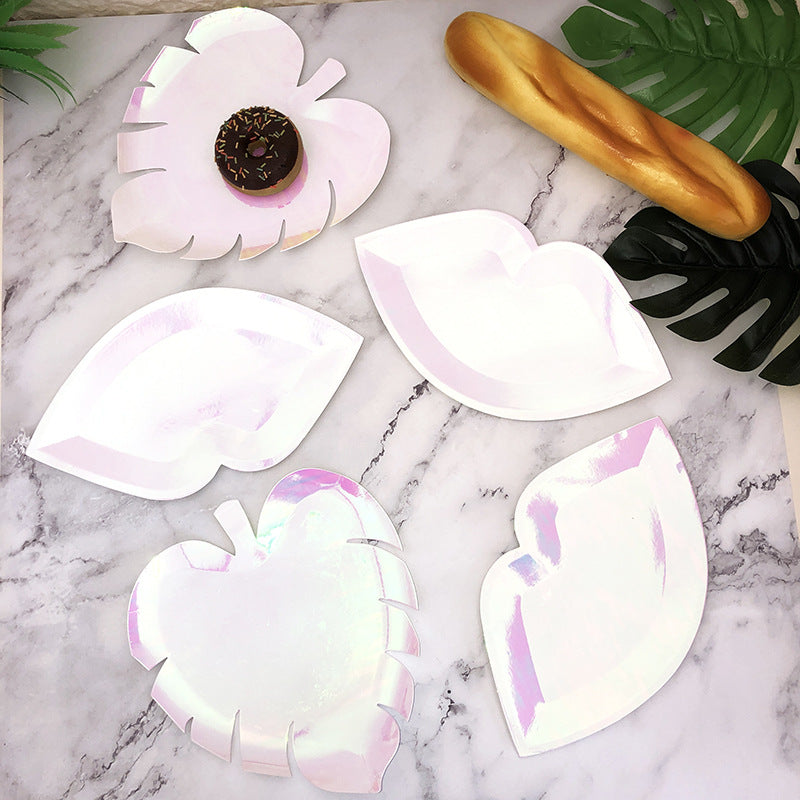 8PCs Pink Pearl Color Leaf Shape Paper Plates 8.6 inch Party Dessert Dinner Plate