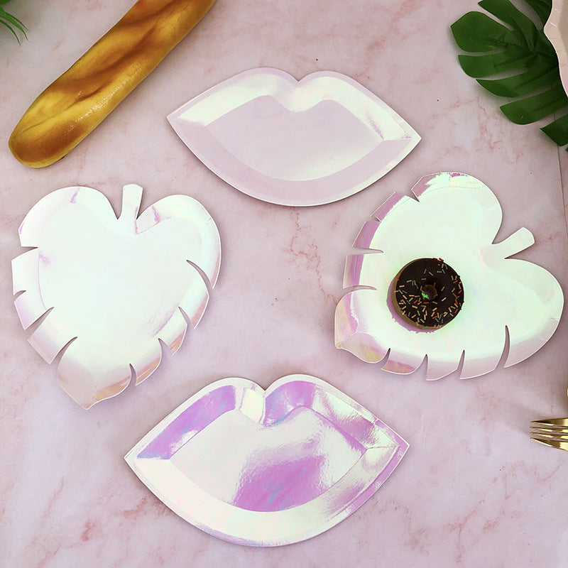 8PCs Pink Pearl Color Leaf Shape Paper Plates 8.6 inch Party Dessert Dinner Plate