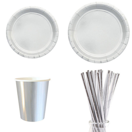 Trending 2023 Silver Party Supplies Decorations Disposable Paper Plates and Cups Tableware Sets for 8