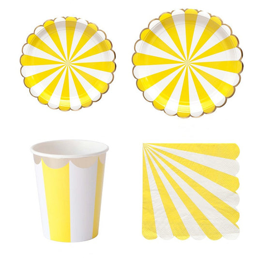 Gilding Yellow Striped Party Supplies Decorations Paper Plates and Cups and Napkins Tableware Sets for 8