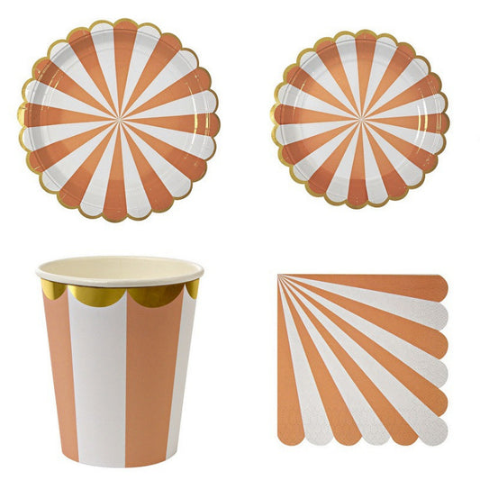 Orange Striped Party Plates and Cups and Napkins Sets Gilding Tableware Set for 8