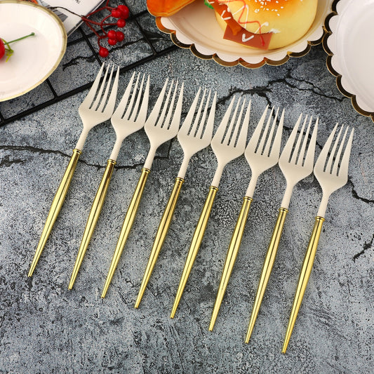 Golden White 8PCs Disposable Cutlery 20cm Plastic Knife Forks Spoons Party Supplies Decoration For Camping BBQ Wedding Outdoor Birthday