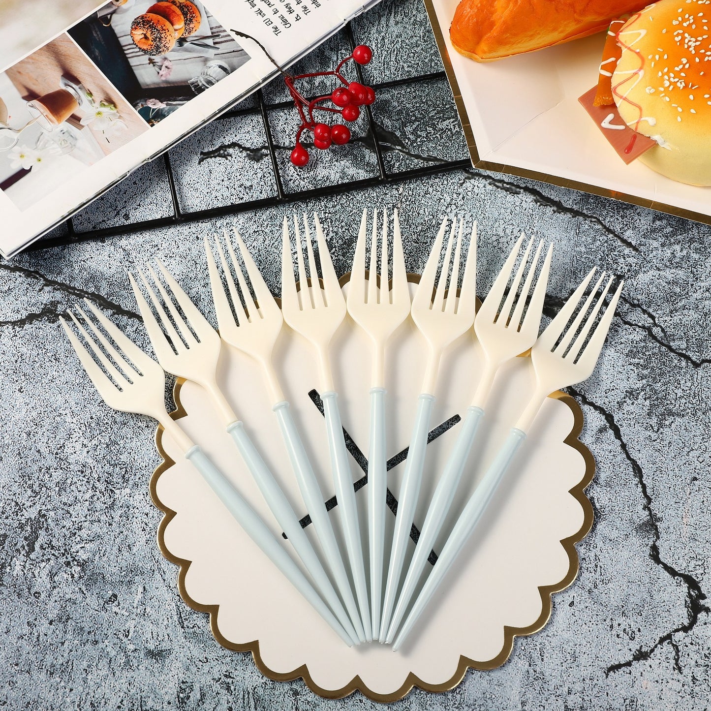 Trending 2023 Light Blue Disposable Cutlery Plastic Knife Forks Spoons Tableware Set Summer Camping BBQ Wedding Outdoor Birthday Party Supplies