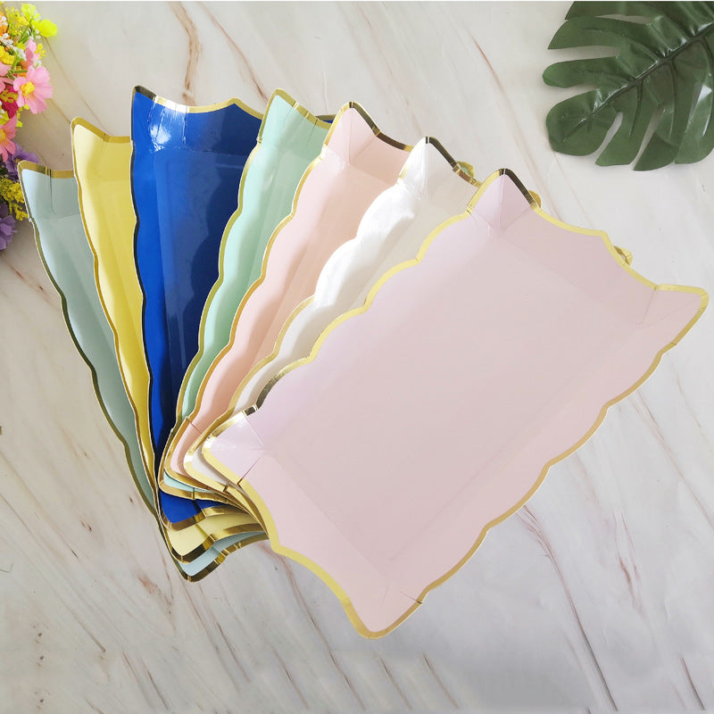 Rectangle 9 Inch Golden Rim Disposable Paper Plates Dinner Picnic Wedding Birthday Party Supplies Plates 4PCs