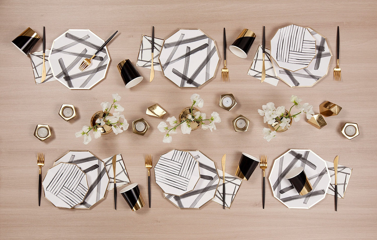 Black Ink Stripe Golden Rim Disposable Paper Tableware Set Paper Plates Cups Napkins Party Supplies Decoration