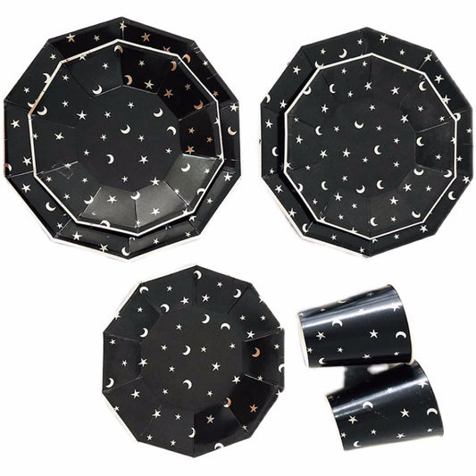 Laser Moon Star Black Paper Tableware Set for 8 Party Supplies Paper Plates and Cups