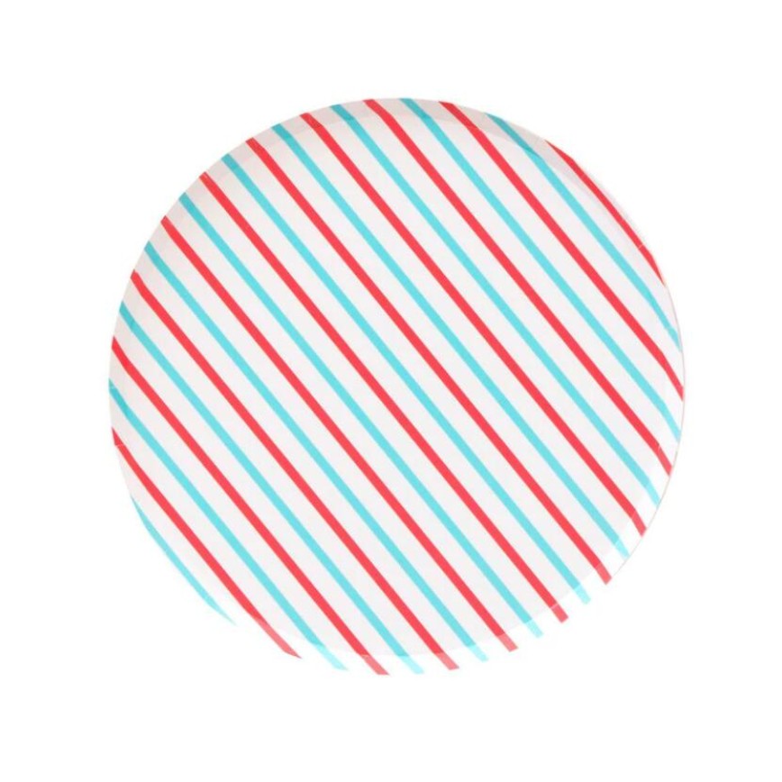 Red Blue Striped Round Paper Plate for Pizza Cake Dessert * 8PCs