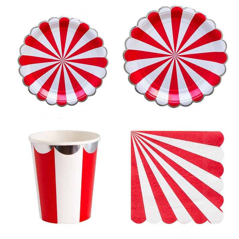 Silver Rim Red Party Supplies Decorations Paper Plates and Cups and Napkins Sets