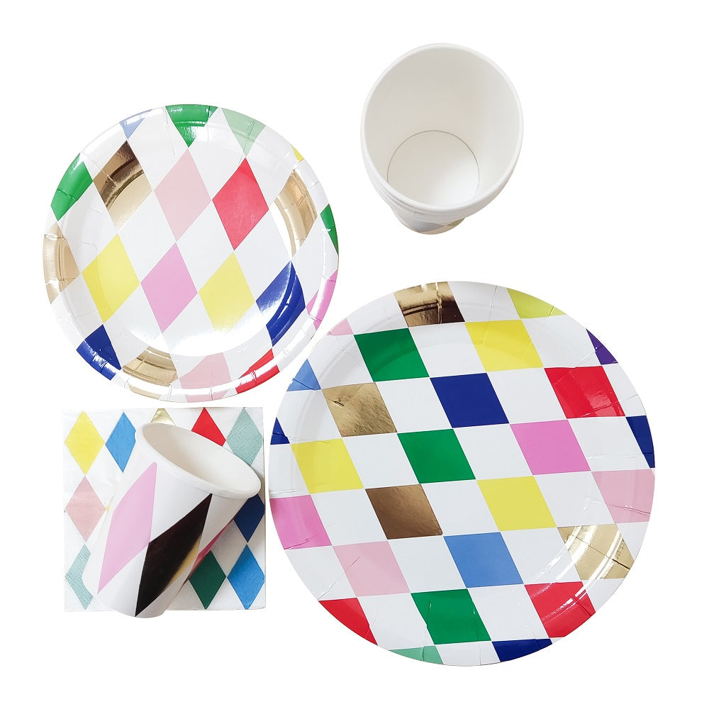 Trending 2023 Gilding Rhombus Disposable Paper Plates Cups Tableware Set for 8