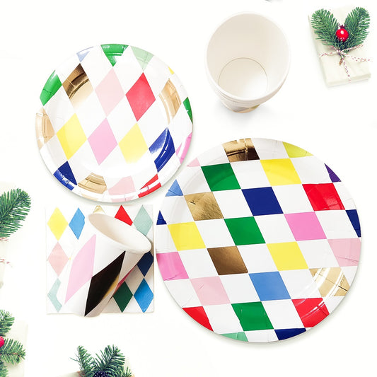Trending 2023 Gilding Rhombus Disposable Paper Plates Cups Tableware Set for 8
