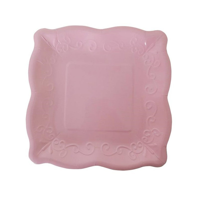 8PCs Pink Square Luncheon Dinner Serving Paper Plates Disposable Embossed Floral Retro Party Plate