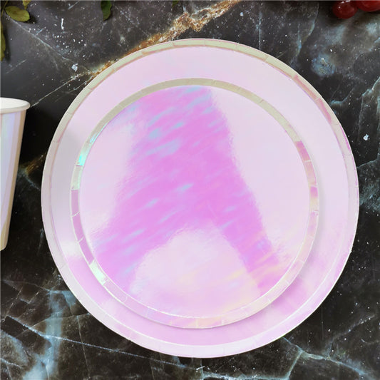 8PCs Pink Pearl Color Flat Round Paper Plates Disposable Dessert Dinner Pizza Plate