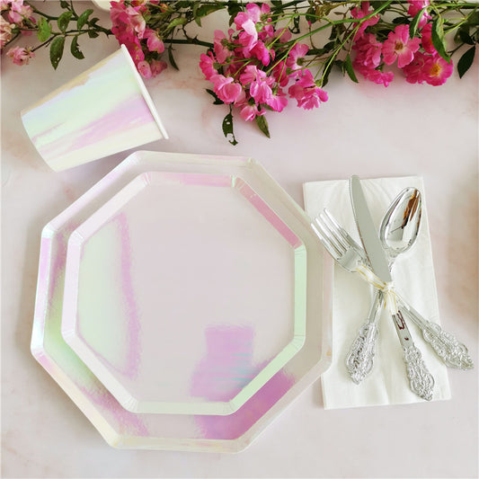 8PCs Pink Pearl Color Octagon Flat Paper Plates Disposable Dessert Dinner Pizza Plate