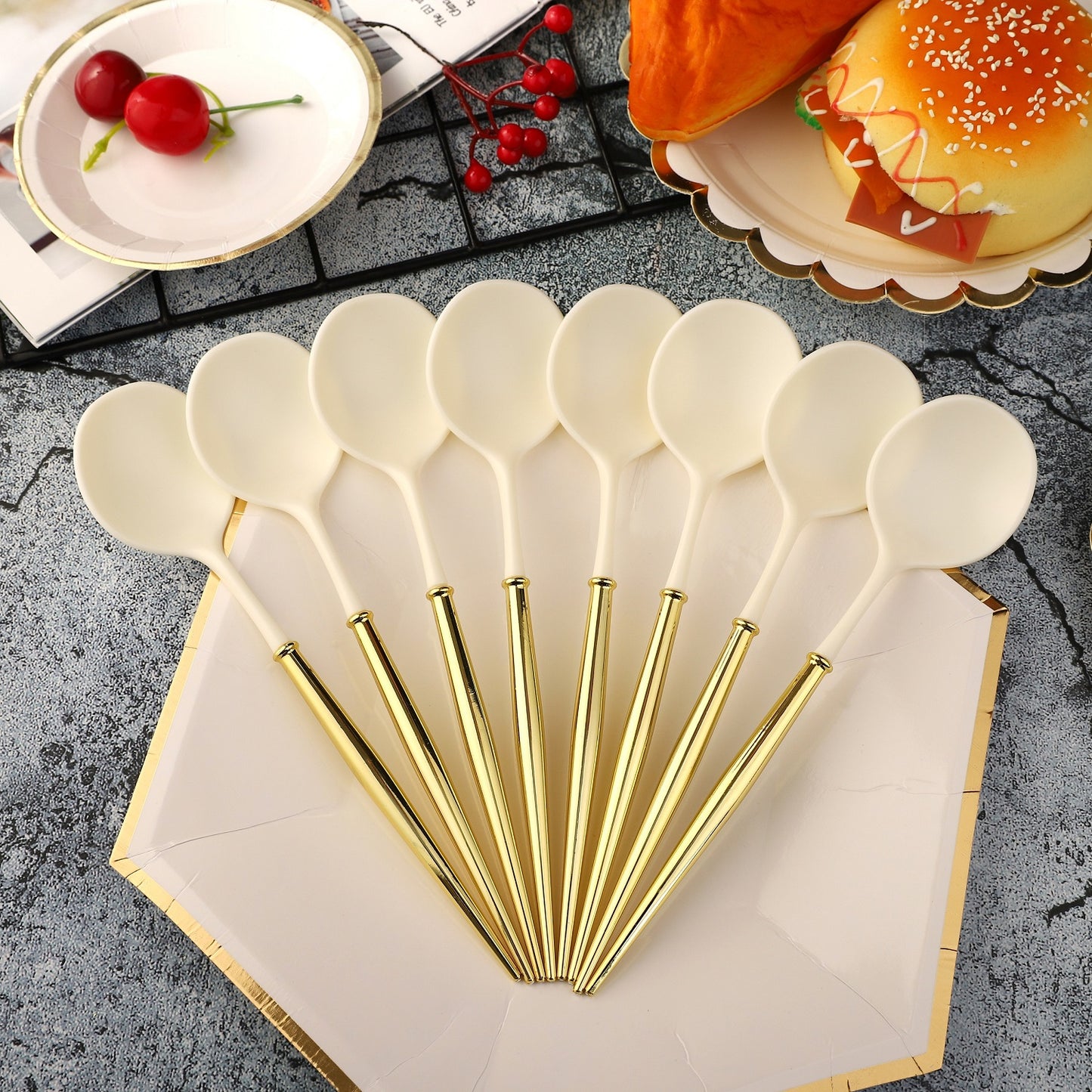 Golden White 8PCs Disposable Cutlery 20cm Plastic Knife Forks Spoons Party Supplies Decoration For Camping BBQ Wedding Outdoor Birthday