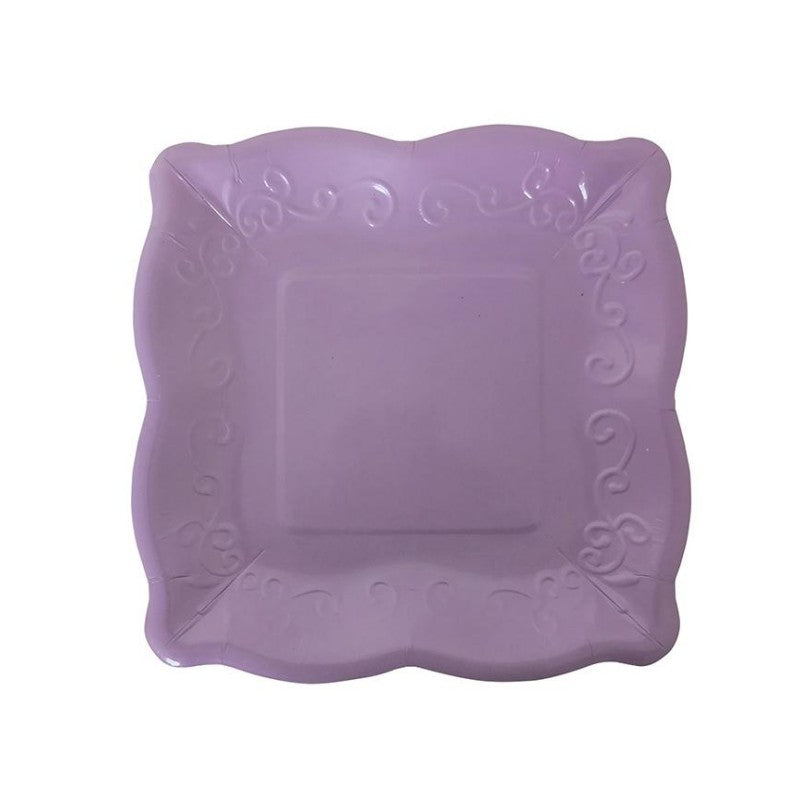 8PCs Square Luncheon Dinner Serving Purple Paper Plates Disposable Embossed Floral Party Plate