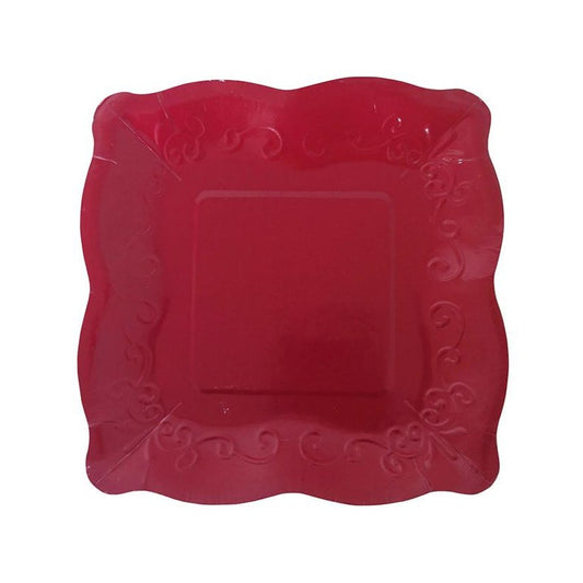 8PCs Red Square Luncheon Dinner Serving Paper Plates Disposable Embossed Floral Retro Party Plate