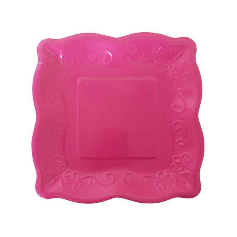 8PCs Fushcia Square Luncheon Dinner Serving Paper Plates Disposable Embossed Floral Retro Party Plate