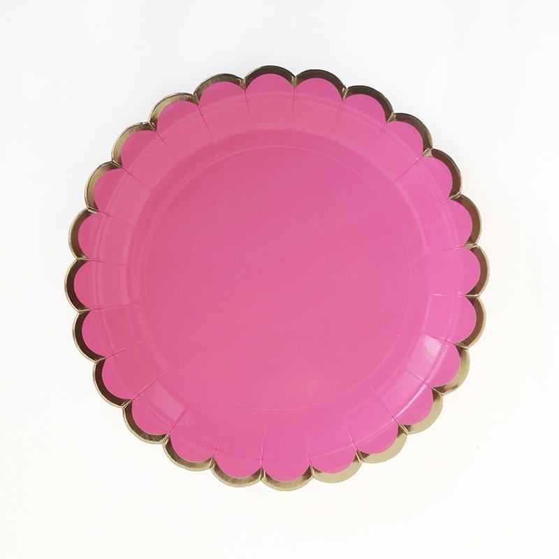 Floral Round Gold-rimmed Rose Color Paper Tableware Party Supplies Plates and Cups and Napkins Sets