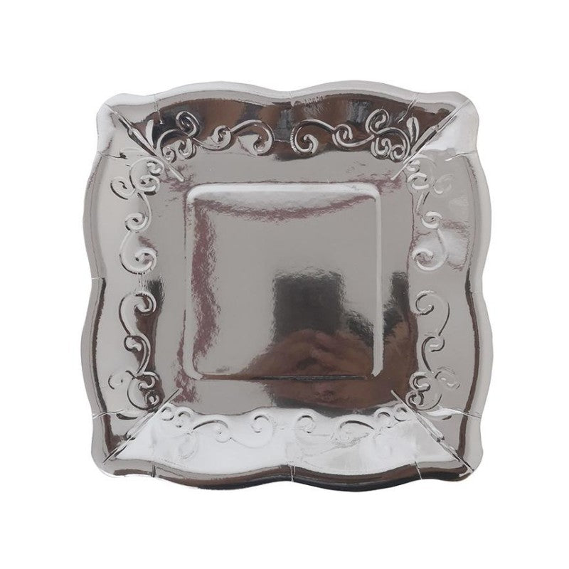 8PCs Silver Square Luncheon Dinner Serving Paper Plates Disposable Embossed Floral Retro Party Plate