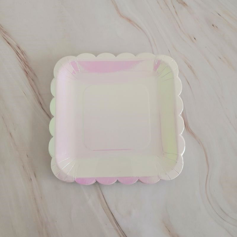 8PCs Pink Pearl Color Square Paper Plates Disposable Dessert Dinner Plate