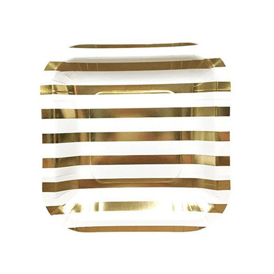 8PCs Golden Silver Striped Square Paper Plates 7 inch