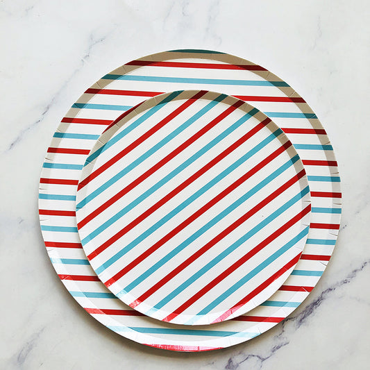 Red Blue Striped Round Paper Plate for Pizza Cake Dessert * 8PCs