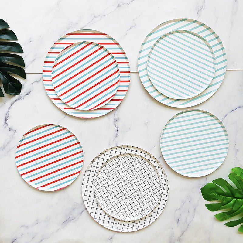 Red Blue Striped Round Paper Plate for Pizza Cake Dessert * 8PCs