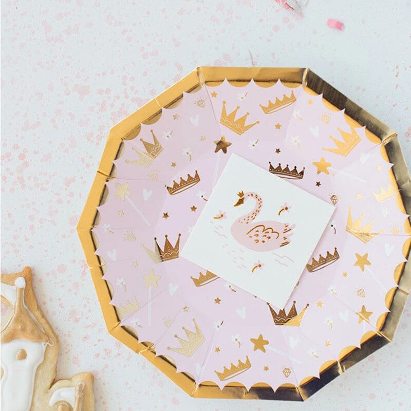 8PCs Gilding Crown Pink Paper Plates 7 inch Party Supplies for Girls