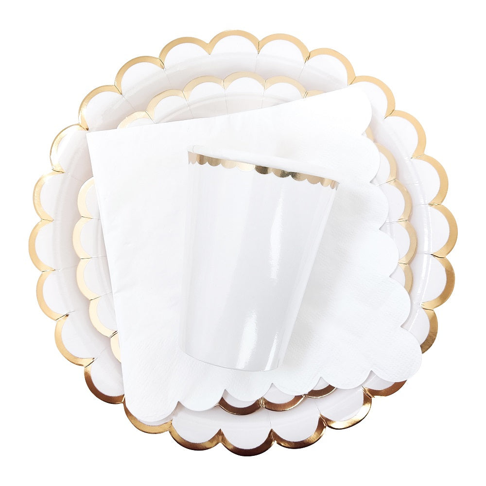 White Paper Cups Napkins Dinner Plates Tableware Disposable Set for 8