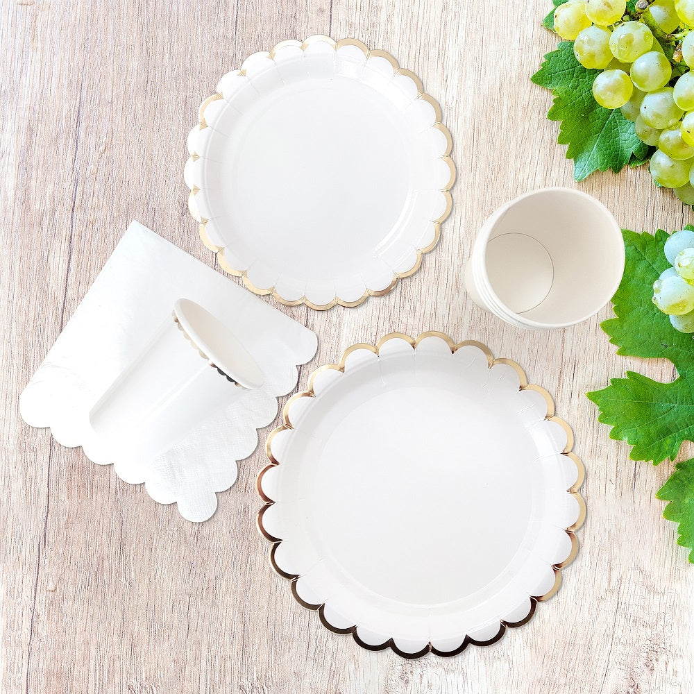 White Paper Cups Napkins Dinner Plates Tableware Disposable Set for 8